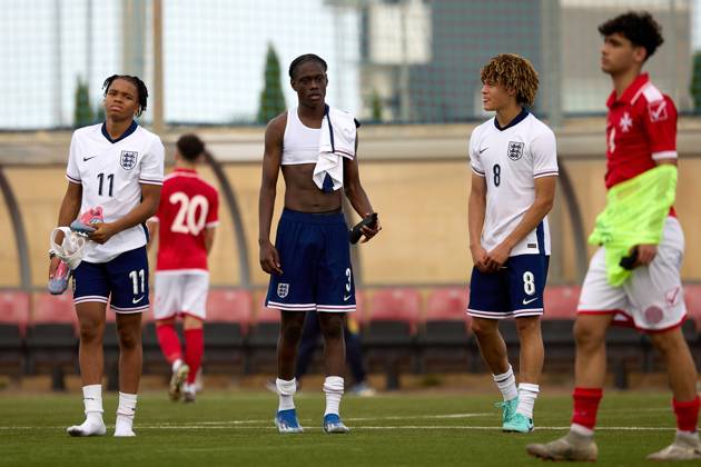 TA™ QALI, MALTA - OCTOBER 24: England Under-17 soccer players Rio Ngumoha (L), Bendito Mantato (C) and London Emenalo (R) react after the UEFA European Under-17 Championship 2025 Group 1 qualifying soccer match between England and Malta at the Centenary Stadium, Ta™ Qali, Malta on October 24, 2024. England v Malta - Under-17 Championship UEFA Qualifying 2025 UEFA_U17_QLFY_25