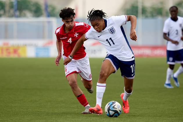 TA™ QALI, MALTA - OCTOBER 24: Rio Ngumoha (R) of England moves past Matteas Caruana of Malta during the UEFA European Under-17 Championship 2025 Group 1 qualifying soccer match between England and Malta at the Centenary Stadium, Ta™ Qali, Malta on October 24, 2024. England v Malta - Under-17 Championship UEFA Qualifying 2025 UEFA_U17_QLFY_25