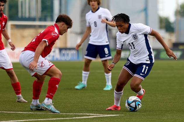 TA™ QALI, MALTA - OCTOBER 24: Rio Ngumoha (R) of England takes on Drew Miceli of Malta during the playing of their country™s national anthem prior to the UEFA European Under-17 Championship 2025 Group 1 qualifying soccer match between England and Malta at the Centenary Stadium, Ta™ Qali, Malta on October 24, 2024. England v Malta - Under-17 Championship UEFA Qualifying 2025 UEFA_U17_QLFY_25