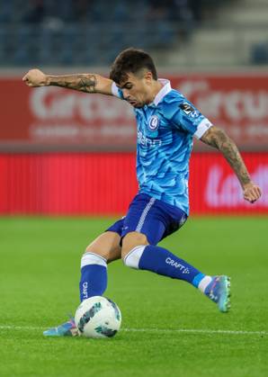 Gent s Tiago Araujo pictured in action during a soccer game between JPL club KAA Gent and third division club Union Rochefortoise, Wednesday 30 October 2024 in Ghent, in the round 1 of 16 of the Croky Cup Belgian soccer cup. VIRGINIExLEFOUR  x104108332x