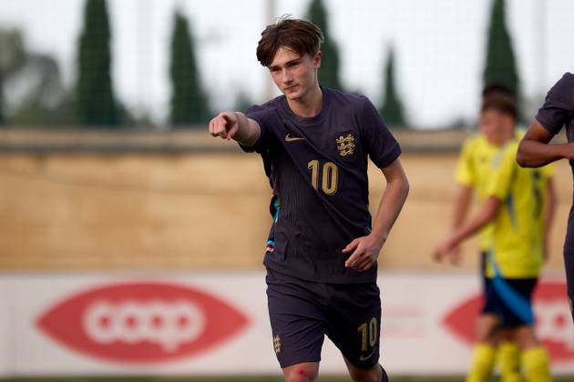 TA™ QALI, MALTA - OCTOBER 30: Finlay Gorman of England reacts in celebration after scoring a penalty kick to make the score 1-3 goal for his team during the UEFA European Under-17 Championship 2025 Group 1 qualifying soccer match between Sweden and England at the Centenary Stadium, Ta™ Qali, Malta on October 30, 2024. Sweden v England Under-17 Championship UEFA Qualifying 2025 UEFA_U17_QLFY_25