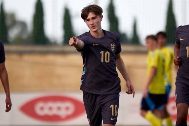 TA™ QALI, MALTA - OCTOBER 30: Finlay Gorman of England reacts in celebration after scoring a penalty kick to make the score 1-3 goal for his team during the UEFA European Under-17 Championship 2025 Group 1 qualifying soccer match between Sweden and England at the Centenary Stadium, Ta™ Qali, Malta on October 30, 2024. Sweden v England Under-17 Championship UEFA Qualifying 2025 UEFA_U17_QLFY_25