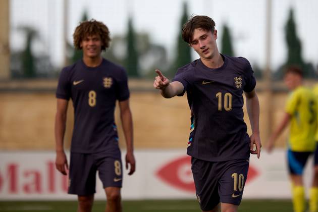 TA™ QALI, MALTA - OCTOBER 30: Finlay Gorman of England reacts in celebration after scoring a penalty kick to make the score 1-3 goal for his team during the UEFA European Under-17 Championship 2025 Group 1 qualifying soccer match between Sweden and England at the Centenary Stadium, Ta™ Qali, Malta on October 30, 2024. Sweden v England Under-17 Championship UEFA Qualifying 2025 UEFA_U17_QLFY_25