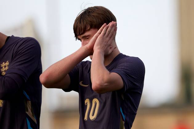 TA™ QALI, MALTA - OCTOBER 30: Finlay Gorman of England gestures in celebration after scoring from a penalty kick to make the score 1-3 goal for his team during the UEFA European Under-17 Championship 2025 Group 1 qualifying soccer match between Sweden and England at the Centenary Stadium, Ta™ Qali, Malta on October 30, 2024. Sweden v England Under-17 Championship UEFA Qualifying 2025 UEFA_U17_QLFY_25