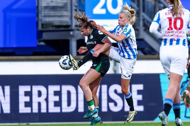 2024-11-02 sc Heerenveen v Feyenoord - Dutch Azerion Women™s Eredivisie HEERENVEEN, NETHERLANDS - NOVEMBER 2: Tess Van Bentem of Feyenoord is challenged by Eef Kerkhof of sc Heerenveen during the Dutch Azerion Women™s Eredivisie match between sc Heerenveen and Feyenoord at Abe Lenstra Stadion on November 2, 2024 in Heerenveen, Netherlands. (Photo by Pieter van der Woude BSR Agency) Heerenveen Netherlands Content not available for redistribution in The Netherlands directly or indirectly through any third parties. Copyright: xBSRxAgencyx