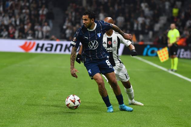 Joao Mario (18) of Besiktas JK and Sergio Pena (8) of Malmö FF during the UEFA Europa League 2024 25 League Phase MD4 match between Besiktas JK and Malmö FF at Besiktas Park on November 6, 2024 in Istanbul, Turkey. (Photo by Seskimphoto ) Besiktas JK v Malmö FF -- UEFA Europa League 2024 25 League match