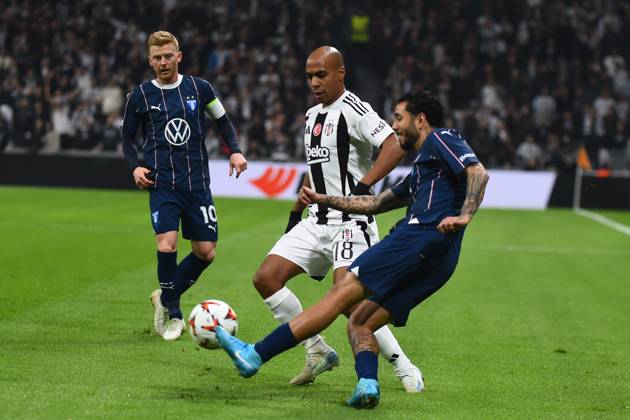Joao Mario (18) of Besiktas JK and Sergio Pena (8) of Malmö FF during the UEFA Europa League 2024 25 League Phase MD4 match between Besiktas JK and Malmö FF at Besiktas Park on November 6, 2024 in Istanbul, Turkey. (Photo by Seskimphoto ) Besiktas JK v Malmö FF -- UEFA Europa League 2024 25 League match