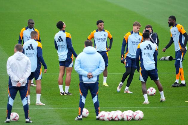 November 8, 2024, Valdebebas, Madrid, SPAIN: Ferland Mendy, Jude Bellingham, Rodrygo Goes and Antonio Rudiger during the training day of Real Madrid ahead the Spanish League, LaLiga EA Sports, football match against CA Osasuna at Ciudad Deportiva Real Madrid on November 08, 2024, in Valdebebas, Madrid, Spain. Valdebebas SPAIN - ZUMArain 20241108_zaa_a181_015 Copyright: xOscarxJ.xBarrosox