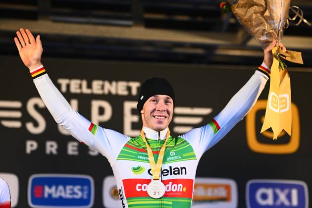 Telenet Superprestige cyclocross Niel 2024 NIEL, BELGIUM - NOVEMBER 11 : Sweeck Laurens (BEL) of Crelan - Corendon during the podium Ceremony of the 3th leg of the men Elite Telenet Superprestige cyclocross series 2024-2025 in Niel, Belgium, 11 11 2024 Niel Belgium  Copyright: xGvgx