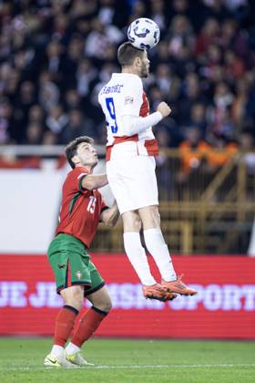 November 18, 2024, Split, Croatia: Nations League - League A, Group A1 - Croatia vs Portugal 1:1. - On photo Croatian Andrej Kramaric 9 and Portuguese Joao Neves 15. Split Croatia - ZUMALEAG 20241118_mda_p210_375 Copyright: xMajaxPrgometx