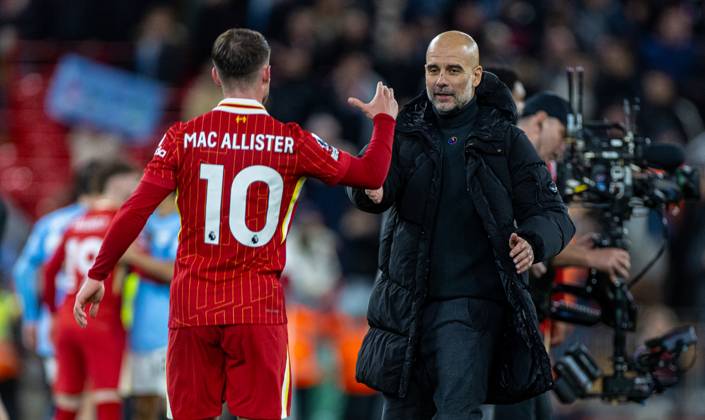 Football - FA Premier League - Liverpool FC v Manchester City FC LIVERPOOL, ENGLAND - Sunday, December 1, 2024: Manchester City s manager Josep Pep Guardiola (R) shakes hands with Liverpool s Alexis Mac Allister after the FA Premier League match between Liverpool FC and Manchester City FC at Anfield. Liverpool won 2-0. (Photo by David Rawcliffe Propaganda) LIVERPOOL Anfield MERSEYSIDE ENGLAND  Copyright: xDavidxRawcliffex P2024-12-01-Liverpool_Man_City-42