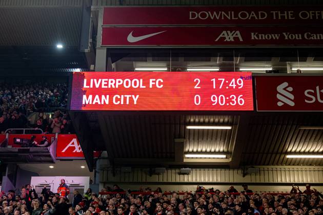 Football - FA Premier League - Liverpool FC v Manchester City FC LIVERPOOL, ENGLAND - Sunday, December 1, 2024: The scoreboard during the FA Premier League match between Liverpool FC and Manchester City FC at Anfield. (Photo by David Rawcliffe Propaganda) LIVERPOOL Anfield MERSEYSIDE ENGLAND  Copyright: xDavidxRawcliffex P2024-12-01-Liverpool_Man_City-45