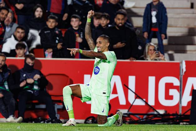 Raphinha seen celebrating after scoring goal during LaLiga EA SPORTS game between teams of RCD Mallorca and FC Barcelona, Barca (Maciej Rogowski) Palma De Mallorca Estadi Mallorca Son Moix Spain Copyright: xMaciejxRogowskix mallorcabarcelona2425-2-2