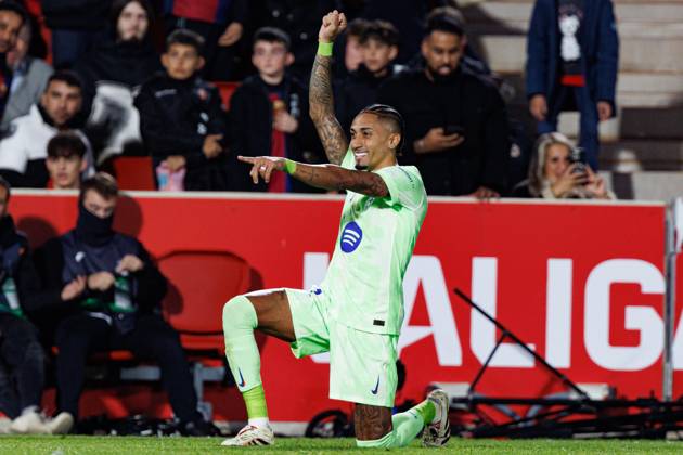 Raphinha seen celebrating after scoring goal during LaLiga EA SPORTS game between teams of RCD Mallorca and FC Barcelona, Barca (Maciej Rogowski) Palma De Mallorca Estadi Mallorca Son Moix Spain Copyright: xMaciejxRogowskix mallorcabarcelona2425-1-2