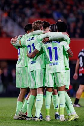 December 3, 2024, Palma De Mallorca, Spain: Frenkie De Jong, Raphinha, Pedri FC Barcelona, Barca celebrate after scoring a goal during the LaLiga EA SPORTS game between RCD Mallorca and FC Barcelona at Estadi Mallorca Son Moix. Final scores RCD Mallorca 1-5 FC Barcelona. Palma De Mallorca Spain - ZUMAs197 20241203_aaa_s197_434 Copyright: xMaciejxRogowskix