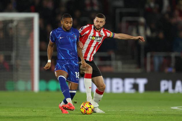 Football - 2024 2025 Premier League - Southampton vs Chelsea - St Mary™s Stadium - Wednesday 4th December 2024 Christopher Nkunku of Chelsea and Jack Stephens of Southampton in action during the Premier League match at St Mary™s Stadium COLORSPORT Shaun Boggust