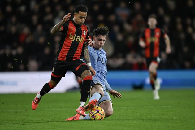Bournemouth v Tottenham Hotspur Premier League Justin Kluivert of Bournemouth is tackled by Archie Gray of Tottenham Hotspur during the Premier League match at the Vitality Stadium, Bournemouth UK Newspapers OUT Copyright: xJeremyxLandeyx FIL-21038-0027