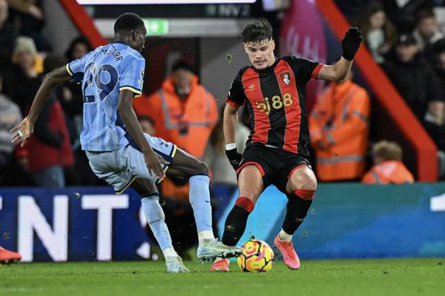 Bournemouth v Tottenham Hotspur Premier League Milos Kerkez of Bournemouth is tackled by Pape Matar Sarr of Tottenham Hotspur during the Premier League match at the Vitality Stadium, Bournemouth UK Newspapers OUT Copyright: xJeremyxLandeyx FIL-21038-0041