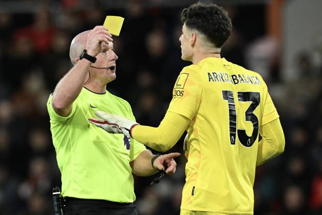 Bournemouth v Tottenham Hotspur Premier League Kepa Arrizabalaga of Bournemouth is shown a yellow card by Referee Simon Hooper during the Premier League match at the Vitality Stadium, Bournemouth UK Newspapers OUT Copyright: xJeremyxLandeyx FIL-21038-0050