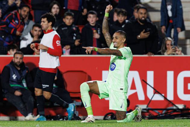 Raphinha seen celebrating after scoring goal during LaLiga EA SPORTS game between teams of RCD Mallorca and FC Barcelona, Barca (Maciej Rogowski) Palma De Mallorca Estadi Mallorca Son Moix Spain Copyright: xMaciejxRogowskix mallorcavsfcbarcelona2425-272