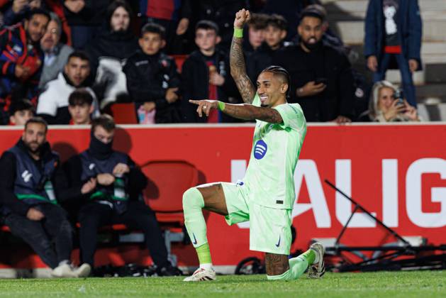 Raphinha seen celebrating after scoring goal during LaLiga EA SPORTS game between teams of RCD Mallorca and FC Barcelona, Barca (Maciej Rogowski) Palma De Mallorca Estadi Mallorca Son Moix Spain Copyright: xMaciejxRogowskix mallorcavsfcbarcelona2425-274