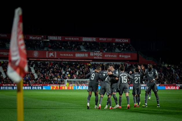 Killian Mbappe (Real Madrid CF) celebrates after scoring his team s goal with team mates during a La Liga EA Sports match between Girona FC and Real Madrid at Estadi Municipal de Montilivi in Girona, Girona, Spain, on December 07 2024. Photo by Felipe Mondino Copyright: xFelipexMondino IPAxSportx xipa-agency.netx xx IPA_52211124 IPA_Agency_IPA52211124
