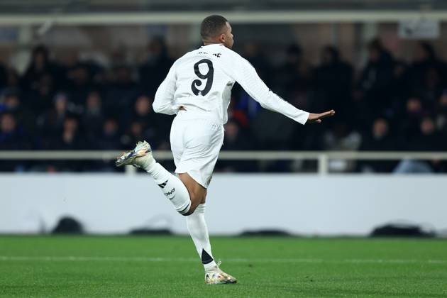 Kylian Mbappe (Real Madrid Cf) celebrates after scoring his team s first goal, UEFA Champions League 2024 25 League Phase MD1, Atalanta BC v Real Madrid C.F., Gewiss Stadium, December 10, 2024, Bergamo, Italy.