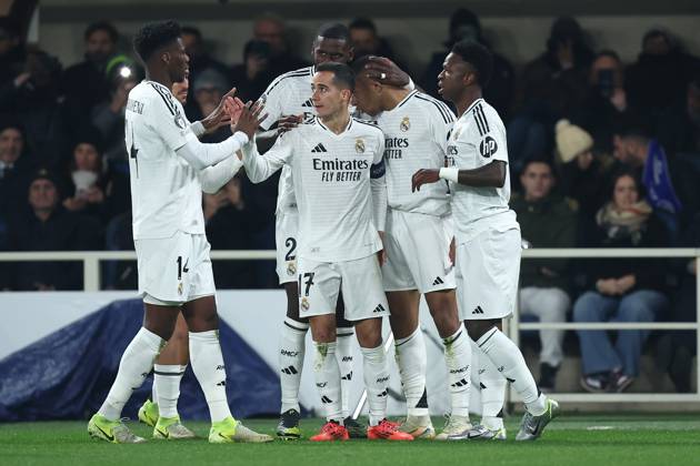 Kylian Mbappe (Real Madrid Cf) celebrates after scoring his team s first goal with team mates, UEFA Champions League 2024 25 League Phase MD1, Atalanta BC v Real Madrid C.F., Gewiss Stadium, December 10, 2024, Bergamo, Italy.