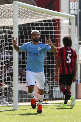 Bournemouth v Manchester City - Premier League - Vitality Stadium August 25, 2019, Bournemouth, United Kingdom: Sergio Aguero of Manchester City celebrates scoring his side s third goal during the Premier League match at the Vitality Stadium, Bournemouth. Picture date: 25th August 2019. Picture credit should read: Craig Mercer Sportimage Bournemouth United Kingdom EDITORIAL USE ONLY Copyright: xx ZUMA-20190825_zaf_si1_046.jpg CraigxMercerx csmphototwo566867