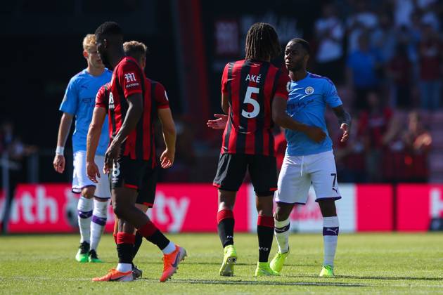 Bournemouth v Manchester City - Premier League - Vitality Stadium August 25, 2019, Bournemouth, United Kingdom: Nathan Ake of Bournemouth congratulates Raheem Sterling of Manchester City after the Premier League match at the Vitality Stadium, Bournemouth. Picture date: 25th August 2019. Picture credit should read: Craig Mercer Sportimage Bournemouth United Kingdom EDITORIAL USE ONLY Copyright: xx ZUMA-20190825_zaf_si1_057.jpg CraigxMercerx csmphototwo566873