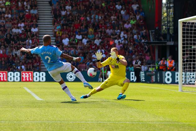 Bournemouth v Manchester City - Premier League - Vitality Stadium August 25, 2019, Bournemouth, United Kingdom: Kyle Walker of Manchester City sees his shot saved by Aaron Ramsdale of Bournemouth during the Premier League match at the Vitality Stadium, Bournemouth. Picture date: 25th August 2019. Picture credit should read: Craig Mercer Sportimage Bournemouth United Kingdom EDITORIAL USE ONLY Copyright: xx ZUMA-20190825_zaf_si1_116.jpg CraigxMercerx csmphototwo566972