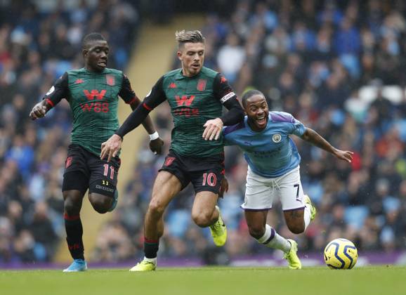 Manchester City v Aston Villa - Premier League - Etihad Stadium October 26, 2019, Manchester, United Kingdom: Jack Grealish of Aston Villa tussles with Raheem Sterling of Manchester City during the Premier League match at the Etihad Stadium, Manchester. Picture date: 26th October 2019. Picture credit should read: Darren Staples Sportimage Manchester United Kingdom EDITORIAL USE ONLY Copyright: xx ZUMA-20191026_zaf_si1_027.jpg DarrenxStaplesx csmphototwo600922
