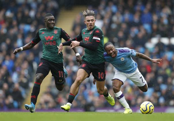 Manchester City v Aston Villa - Premier League - Etihad Stadium October 26, 2019, Manchester, United Kingdom: Jack Grealish of Aston Villa tussles with Raheem Sterling of Manchester City during the Premier League match at the Etihad Stadium, Manchester. Picture date: 26th October 2019. Picture credit should read: Darren Staples Sportimage Manchester United Kingdom EDITORIAL USE ONLY Copyright: xx ZUMA-20191026_zaf_si1_026.jpg DarrenxStaplesx csmphototwo600923