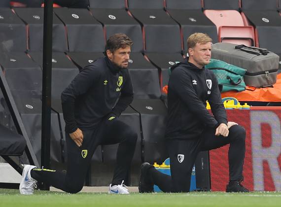 Aston Villa v Manchester United, ManU - Premier League - Villa Park July 9, 2020, Birmingham, United Kingdom: Eddie Howe manager of Bournemouth takes a knee during the Premier League match at Villa Park, Birmingham. Picture date: 9th July 2020. Picture credit should read: Darren Staples Sportimage Birmingham United Kingdom EDITORIAL USE ONLY Copyright: xx ZUMA-20200709_zaf_si1_012.jpg DarrenxStaplesx csmphototwo676874