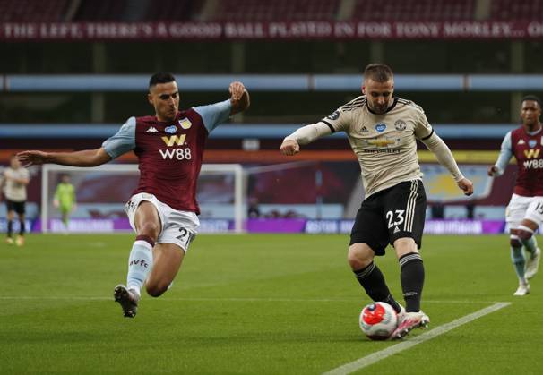 Aston Villa v Manchester United, ManU - Premier League - Villa Park July 9, 2020, Birmingham, United Kingdom: Anwar El Ghazi of Aston Villa and Luke Shaw of Manchester United during the Premier League match at Villa Park, Birmingham. Picture date: 9th July 2020. Picture credit should read: Darren Staples Sportimage Birmingham United Kingdom EDITORIAL USE ONLY Copyright: xx ZUMA-20200709_zaf_si1_121.jpg DarrenxStaplesx csmphototwo676982