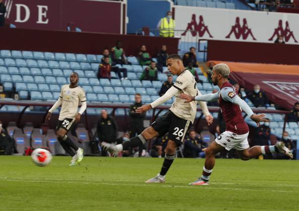 Aston Villa v Manchester United, ManU - Premier League - Villa Park July 9, 2020, Birmingham, United Kingdom: Mason Greenwood of Manchester United scores their second goal during the Premier League match at Villa Park, Birmingham. Picture date: 9th July 2020. Picture credit should read: Darren Staples Sportimage Birmingham United Kingdom EDITORIAL USE ONLY Copyright: xx ZUMA-20200709_zaf_si1_133.jpg DarrenxStaplesx csmphototwo676989