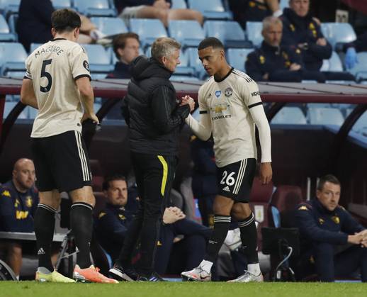 Aston Villa v Manchester United, ManU - Premier League - Villa Park July 9, 2020, Birmingham, United Kingdom: Ole Gunnar Solskjaer manager of Manchester United substitutes Mason Greenwood of Manchester United during the Premier League match at Villa Park, Birmingham. Picture date: 9th July 2020. Picture credit should read: Darren Staples Sportimage Birmingham United Kingdom EDITORIAL USE ONLY Copyright: xx ZUMA-20200709_zaf_si1_162.jpg DarrenxStaplesx csmphototwo677025