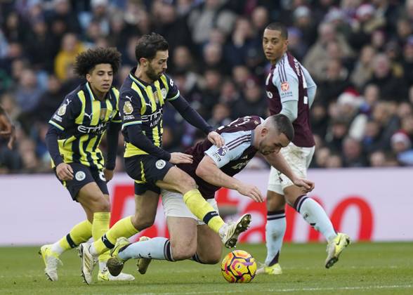 Birmingham, England, 21st December 2024. Bernardo Silva of Manchester City tackles Aston Villa™s John McGinn during the Premier League match at Villa Park, Birmingham. Picture credit should read: Andrew Yates Sportimage EDITORIAL USE ONLY. No use with unauthorised audio, video, data, fixture lists, club league logos or live services. Online in-match use limited to 120 images, no video emulation. No use in betting, games or single club league player publications. SPI-3544-0052