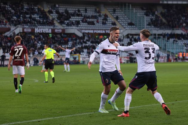 Turin, Italy, 21st December 2024. Thijs Dallinga of Bologna FC celebrates with team mate Juan Miranda after scoring to give the side a 1-0 lead during the Serie A match at Stadio Grande Torino, Turin. Picture credit should read: Jonathan Moscrop Sportimage EDITORIAL USE ONLY. No use with unauthorised audio, video, data, fixture lists, club league logos or live services. Online in-match use limited to 120 images, no video emulation. No use in betting, games or single club league player publications. SPI-3533-0018