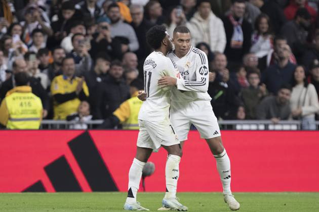 LA LIGA EA Sports - Real Madrid vs Sevilla MADRID, SPAIN - December 22:Rodrygo Goes of Real Madrid and Kylian Mbappe of Real Madrid celebrates a goal during the La Liga 2024 25 match between Real Madrid and Sevilla at Santiago Bernabeu Stadium. (Photo by Guillermo Martinez) Madrid Santiago BernabÃ u Stadium Spain Copyright: xGuillermoxMartinezx