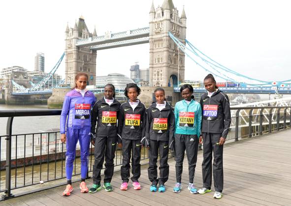Track and Field: London Marathon-Elite Women Photocall Aselefech Mergia (ETH), Florence Kiplagat (KEN), Tigist Tufa (ETH), Mare Dibaba (ETH), Mary Keitany (KEN) and Priscah Jeptoo (KEN) pose at the Tower Bridge prior to the 2016 London Marathon in London on Thursday, April 21, 2016. Photo by Jiro Mochizuki London England United Kingdom EDITORIAL USE ONLY Copyright: xImagexofxSportx JiroxMochizukix iosphotos137045
