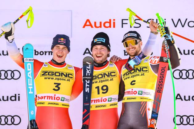 Bilder des Jahres 2024, Sport 12 Dezember Sport Themen der Woche KW52 Sport Bilder des Tages ALPINE SKIING - FIS WC Bormio BORMIO,ITALY,28.DEC.24 - ALPINE SKIING - FIS World Cup, downhill, men. Image shows Franjo von Allmen, Alexis Monney (SUI) and Cameron Alexander (CAN). GEPAxpictures xMathiasxMandl
