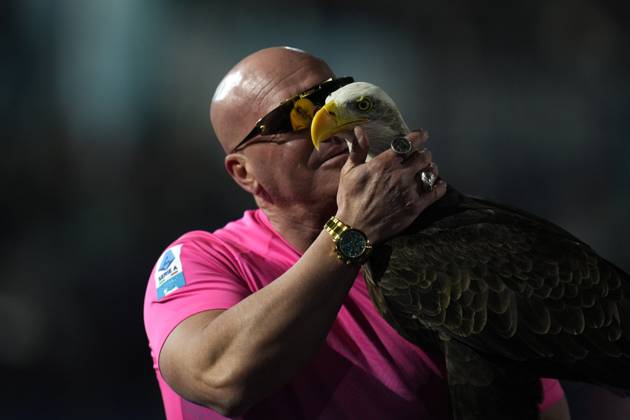 . Mascotte of the SS Lazio Eagle Olimpia with the head coach Juan Bernabe prior to, Serie A, SS Lazio v Atalanta, Olimpico, December 28, 2024, Rome, Italy.