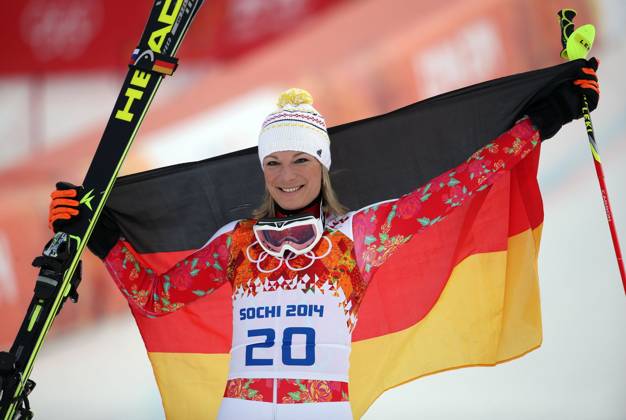 Women s Super Combined Alpine Skiing Germany s Maria Hoefl-Riesch celebrates her gold medal finish in the women s super combined skiing at the Rosa Khutor Alpine Center during the Winter Olympics in Sochi, Russia, Monday, Feb. 10, 2014. (Brian Cassella Chicago Tribune MCT) SOCHI RUS EDITORIAL USE ONLY Copyright: xx 1148920 BrianxCassellax krtphotoslive662336