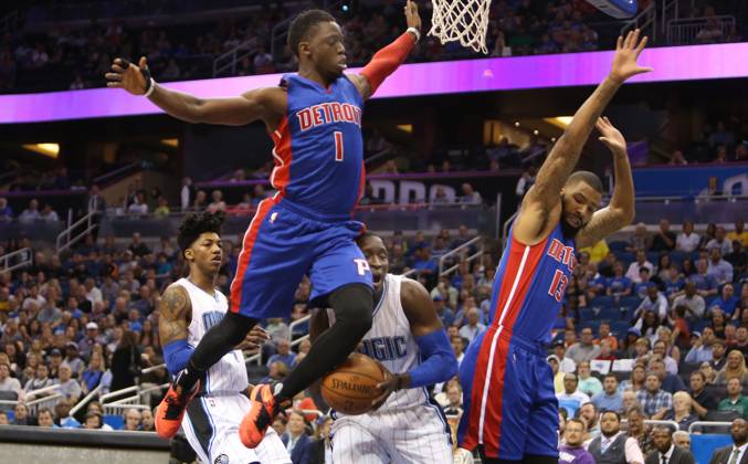 Detroit Pistons at Orlando Magic Orlando guard Victor Oladipo (5) collides with Detroit guard Reggie Jackson (1) as forward Marcus Morris (13) tries to avoid contact on Wednesday, April 6, 2016, at the Amway Center in Orlando, Fla. (Charles King Orlando Sentinel TNS) Orlando FL USA EDITORIAL USE ONLY Copyright: xx 1183022 CharlesxKingx krtphotoslive749779
