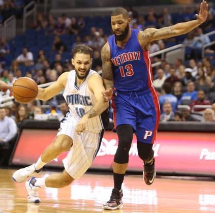 Detroit Pistons at Orlando Magic Orlando forward Evan Fournier (10) drives against Detroit forward Marcus Morris (13) on Wednesday, April 6, 2016, at the Amway Center in Orlando, Fla. (Charles King Orlando Sentinel TNS) Orlando FL USA EDITORIAL USE ONLY Copyright: xx 1183022 CharlesxKingx krtphotoslive749782
