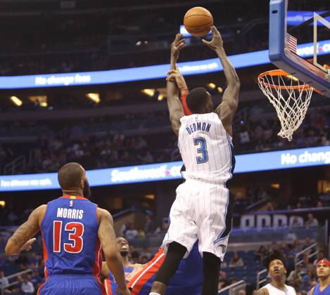 Detroit Pistons at Orlando Magic Orlando center Dewayne Dedmon (3) is fouled by Detroit center Andre Drummond attempting to catch a lob pass for a dunk while forward Marcus Morris (13) watches on Wednesday, April 6, 2016, at the Amway Center in Orlando, Fla. (Charles King Orlando Sentinel TNS) Orlando FL USA EDITORIAL USE ONLY Copyright: xx 1183022 CharlesxKingx krtphotoslive749789