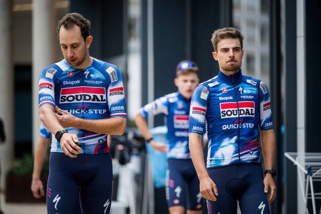 Czech Josef Cerny of Soudal Quick-Step and Slovenian Martin Svrcek of Soudal Quick-Step pictured in action during the media day of the Soudal Quick-Step cycling team in Calpe, Spain, Thursday 09 January 2025. JASPERxJACOBS  x109998701x