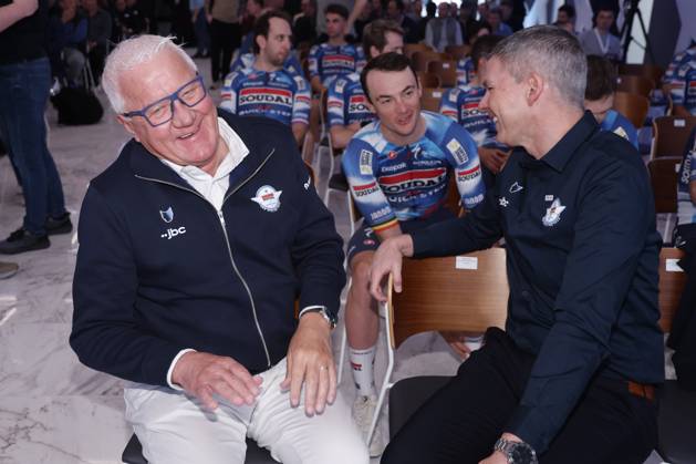 2025 Soudal Quick-Step Team Presentation CALP, SPAIN - JANUARY 09 : Fore Jurgen with Lefevere Patrick (BEL) General manager of Soudal - Quick Step is being honored for is career pictured during the 2025 team presentation of the Soudal Quick-Step pro cycling team on January 9, 2025 in Calp, SPAIN, 09 01 2025 Calp SPAIN  Copyright: xJanxDexMeuleneirx