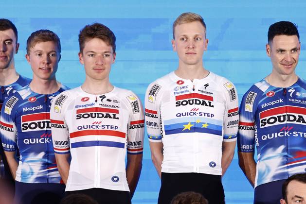 2025 Soudal Quick-Step Team Presentation CALP, SPAIN - JANUARY 09 : Hayter Ethan (GBR) and Merlier Tim (BEL) of Soudal - Quick Step pictured during the 2025 team presentation of the Soudal Quick-Step pro cycling team on January 9, 2025 in Calp, SPAIN, 09 01 2025 Calp SPAIN  Copyright: xJanxDexMeuleneirx